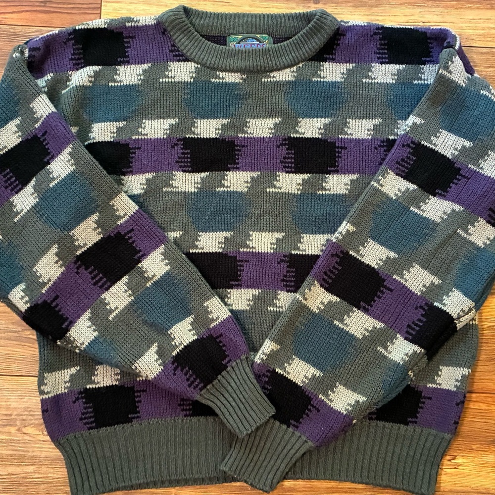 Vintage Weeds Sweater 90s Cosby Grandpa Abstract Geometric Acrylic Pullover L - Picture 2 of 11